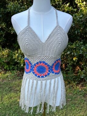Say What? Beige Crochet Halter Top with Blue and Coral Accents